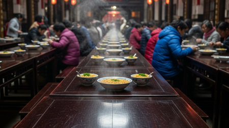 A sprawling interior of a beautifully aged, traditional Chinese clan hall during a longevity feast.の素材
