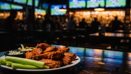 An extreme wide, panoramic photograph capturing a vibrant sports bar scene. A platter of hot wings aの素材