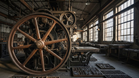 A massive, silent printing press sits centerpiece in a derelict, sun-drenched 19th-century industriaの素材