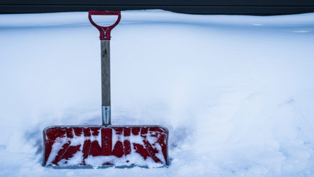 A shot of a snow shovel leaning against a heavy drift outside a residence. Cinematic wide compositioの素材