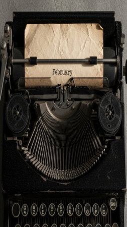 Editorial vertical flat lay featuring an antique manual typewriter with a sheet of paper dated "Febrの素材