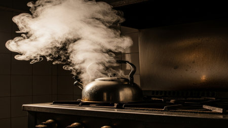 A dramatic, cinematic low angle view of a highly detailed silver kettle vigorously whistling steam aの素材