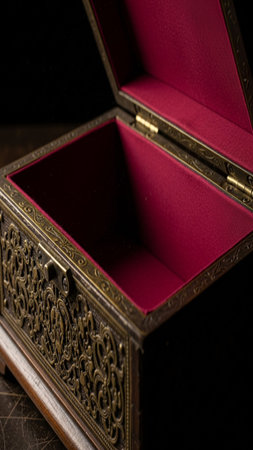 A moody, low-angle editorial shot of an open, vintage Victorian jewelry box with detailed brass filiの素材