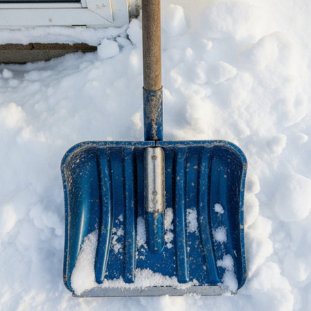 High angle, top-down cinematic shot of a weathered blue snow shovel leaning against a large, heavy dの素材