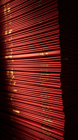 A cinematic, dynamic shot featuring a high, perfectly neat stack of folded red Hongbao (Chinese Newの素材
