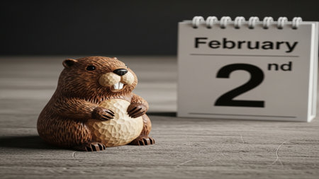 A decorative wooden groundhog figurine stands next to a calendar page displaying February 2nd, captuの素材