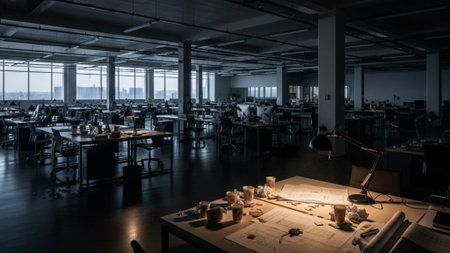 A cinematic, ultra-wide depiction of the solitary intensity of all-nighter work within a massive, deの素材