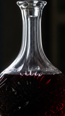 A tall, heavy crystal decanter stands centered, viewed from an extreme low angle (worm's eye view),の素材