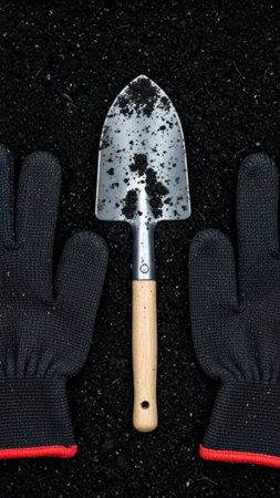 A striking vertical flat lay image focusing on the tactile relationship between hand gardening toolsの素材