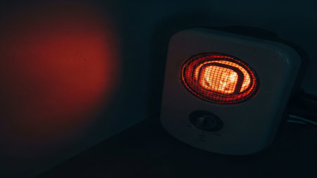 A focused, high-angle top-down shot of a portable ceramic heater radiating soft, warm light in a darの素材