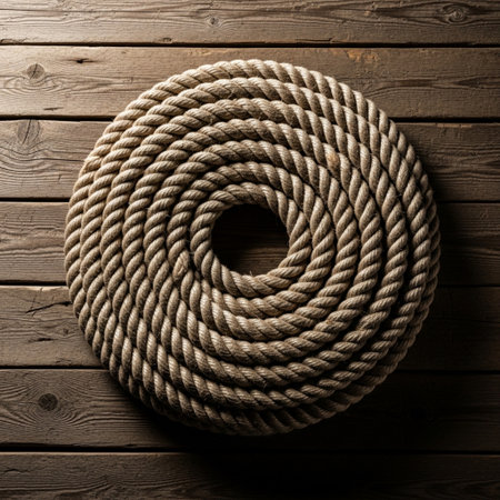 High angle top-down editorial shot of a thick, heavy coil of working rope resting on rough-sawn lumbの素材