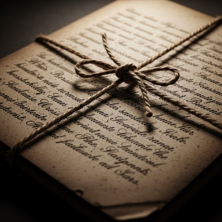 A weathered document with fading cursive script, secured with a piece of twine, rendered with cinemaの素材