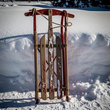 A detailed, cinematic image of an antique wooden sled, showing heavy wear and tear, leaning verticalの素材