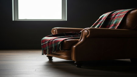 A cinematic side profile silhouette featuring a worn, tobacco-colored leather armchair draped casualの素材