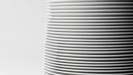 A cinematic, wide-angle, over-the-shoulder shot of multiple stacks of pristine white ceramic dinnerの素材