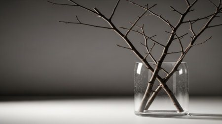 A wide angle, cinematic image of stark, dormant winter tree branches arranged in a clear glass vase.の素材