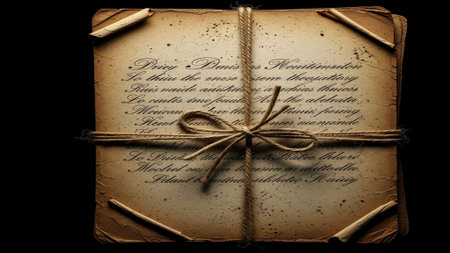 A dynamically angled, cinematic shot of a highly aged and weathered paper document featuring faint,の素材