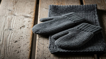 A pair of thick, knitted grey mittens and a matching scarf rest on an old, weathered wooden bench, cの素材
