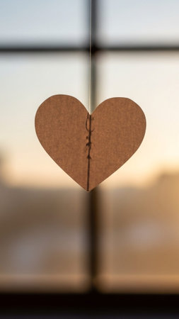 A delicate paper cutout heart silhouette suspended in front of a softly lit window, catching the warの素材