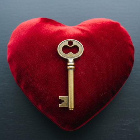 A close-up, Dutch-angled photograph of an old brass skeleton key centered on a textured, heart-shapeの素材