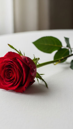 A dramatically composed vertical portrait utilizing a subtle Dutch angle. A single long-stem red rosの素材