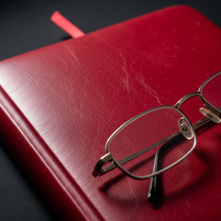 Extreme macro view of a crimson red leather journal, featuring detailed dust and scratch imperfectioの素材