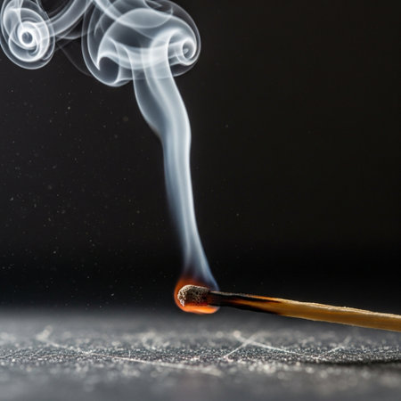 High-contrast still life shot of a just-extinguished wooden matchstick captured with a tense Dutch aの素材