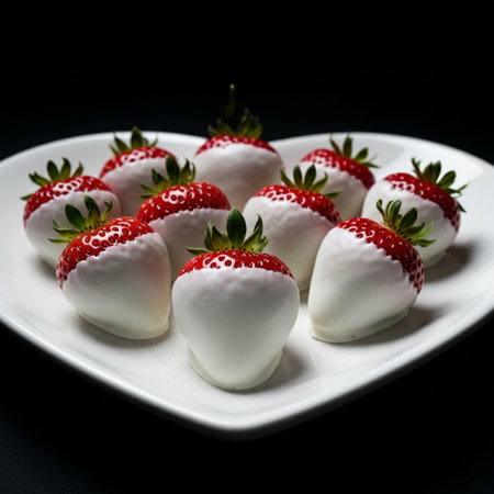 Strawberries on a white plate on a black background close upの素材