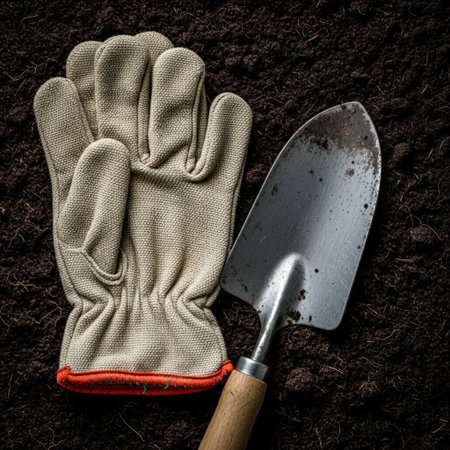 Extreme macro close-up of dirty canvas and leather gardening gloves and a metal trowel resting on deの素材