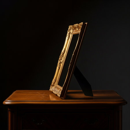 An empty, elaborate antique gold picture frame, captured in a dramatic cinematic side profile silhouの素材