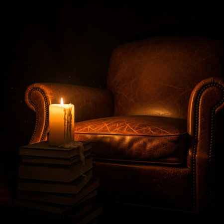 Dramatic, wide-angle cinematic photography of a dark, intimate reading nook lit solely by the warm gの素材