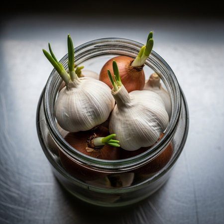 An extreme close-up macro, cinematic editorial photograph showcasing sprouting garlic and onion bulbの素材