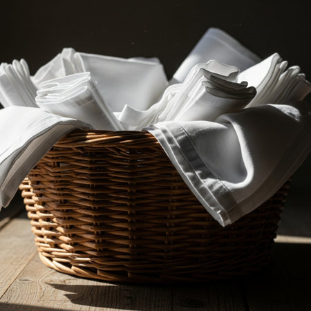 Cinematic low-angle photograph of a rustic wicker basket filled with heavily starched, freshly laundの素材