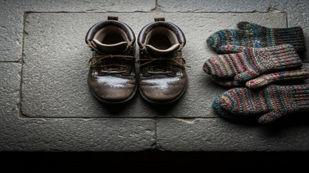 Snow boots resting on a stone hearth next to a pile of drying woolen mittens. High angle, cinematicの素材