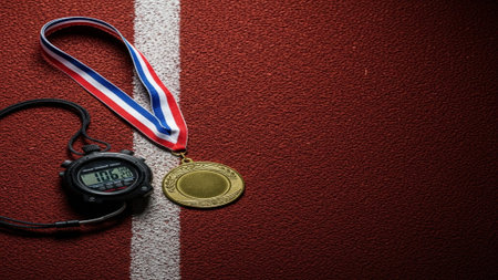 A cinematic, high angle, top-down shot of a metallic digital stopwatch and a generic, ribboned goldの素材