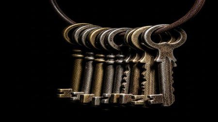 A dramatic, cinematic side profile silhouette featuring a set of antique keys hanging from a ring. Tの素材