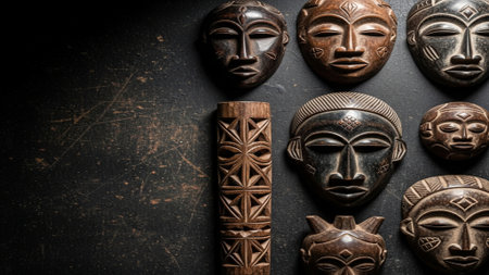 Top-down, cinematic shot of aged African wooden cultural artifacts, featuring intricately carved masの素材