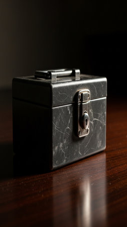 Cinematic editorial image featuring a secure, closed metal safety lockbox (small safe) positioned onの素材