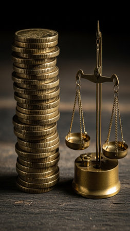 Close-up vertical shot, over-the-shoulder view, detailing a precarious stack of generic antique goldの素材