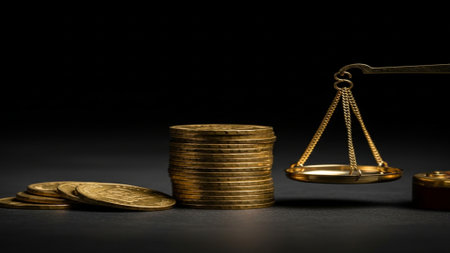 Close-up, cinematic shot of a stack of generic antique gold coins resting beside a small traditionalの素材