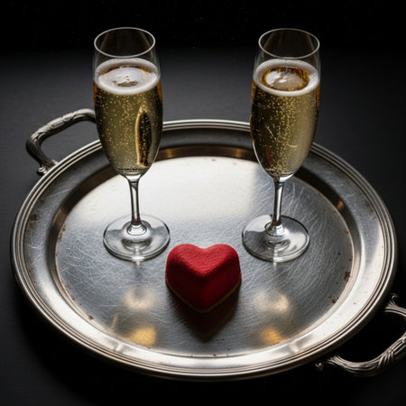 A cinematic, wide-angle photograph capturing a romantic setting featuring a vintage silver tray holdの素材