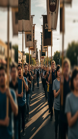 A diverse community group participating in a peaceful, organized procession or parade carrying histoの素材