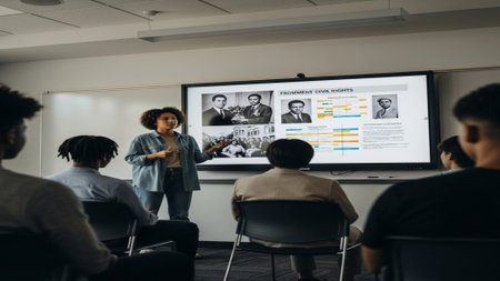 A student utilizes a modern digital whiteboard to present a research project on civil rights figuresの素材