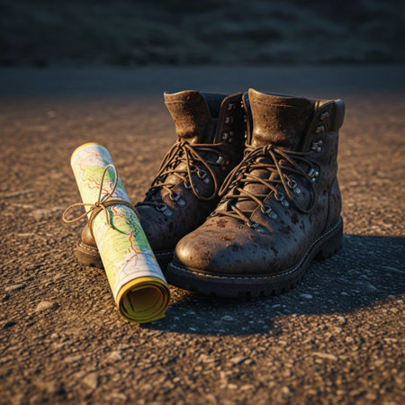 A wide-angle, cinematic photograph of well-worn leather hiking boots and a rolled paper trail map, rの素材