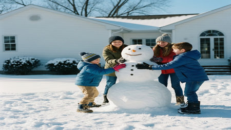 Group Of Children Building Snowman In Front Of New Home On Winter Dayの素材