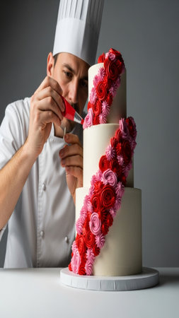 Chef decorating a cake with red roses on a gray backgroundの素材