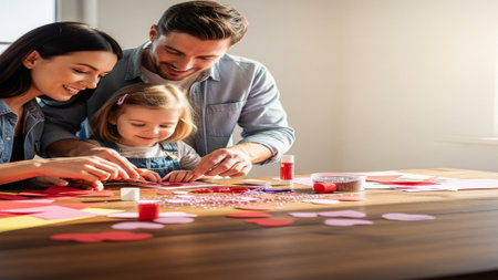 Happy family playing board game at home. Mother, father and little daughter sitting at the table and playing together.の素材