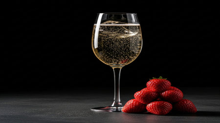 Glass of champagne and strawberries on black table, closeup. Space for textの素材