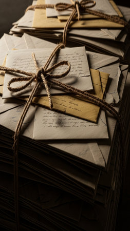 Stack of old letters tied with rope and tied with twine.の素材