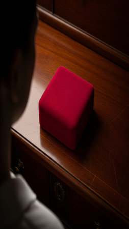 A small red box in the shape of a heart on the chest of drawersの素材